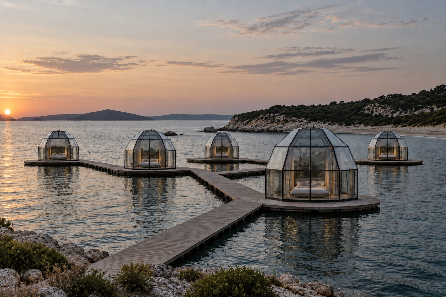 Ένας θόλος SkyLodge σε πλωτή πλατφόρμα BulDock