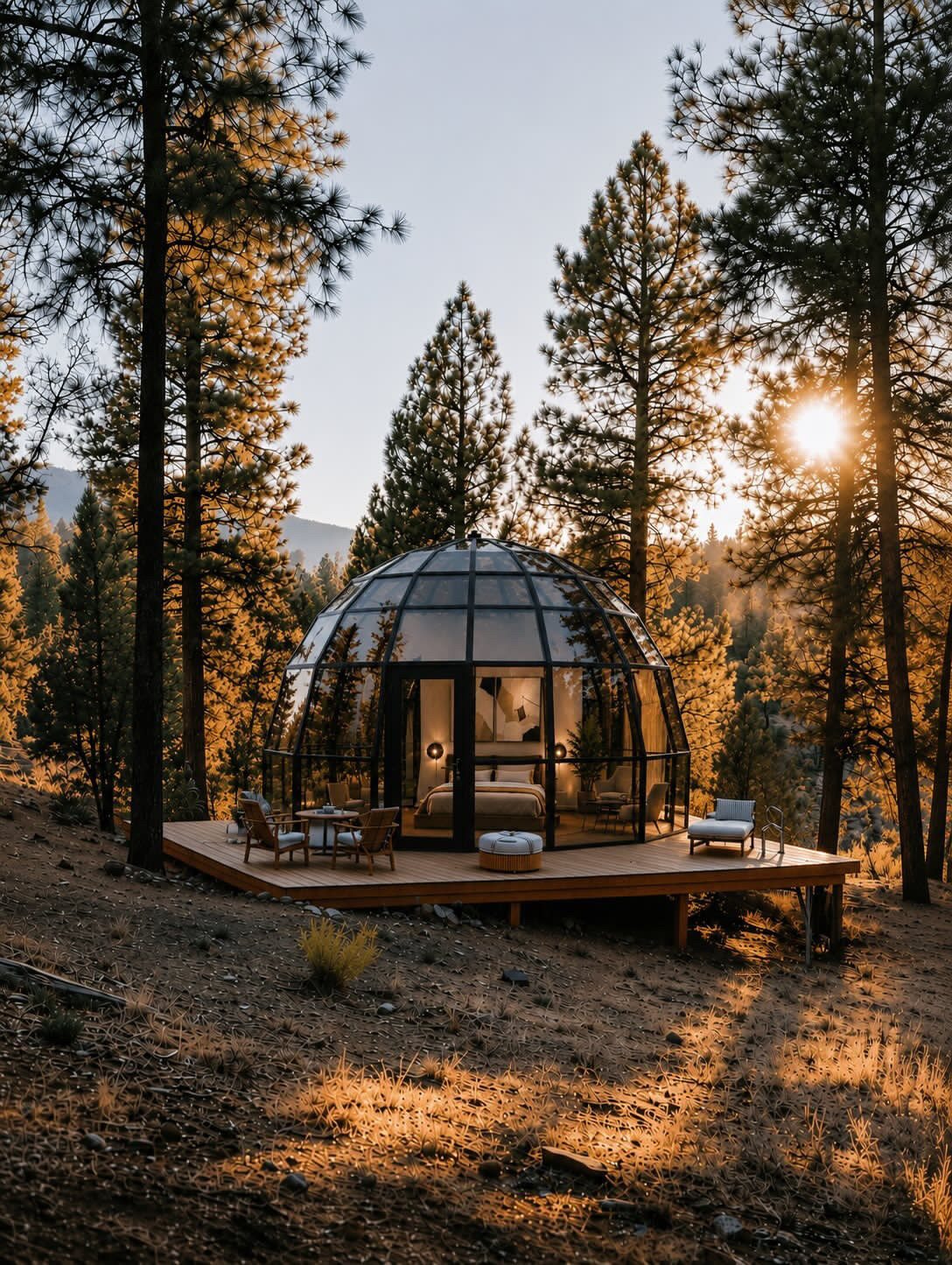 Ένας θόλος SkyLodge στο ηλιοβασίλεμα, φωτισμένος από μέσα