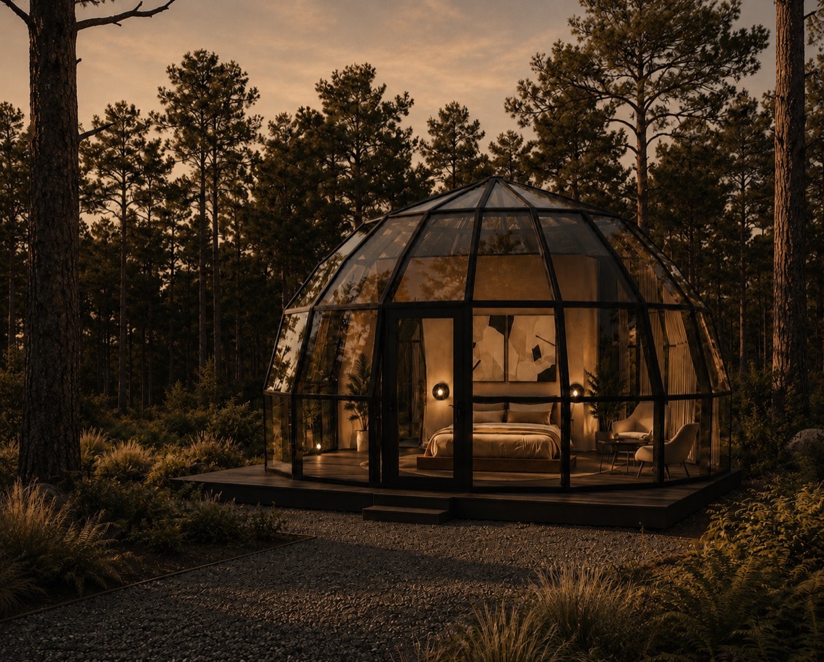 SkyLodge 6 σε πευκοδάσος το σούρουπο, με το υπνοδωμάτιο φωτισμένο